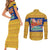 Barbados Christmas Couples Matching Short Sleeve Bodycon Dress and Long Sleeve Button Shirt with Blue Yellow Xmas Trident Santa and Reindeer - Wonder Print Shop