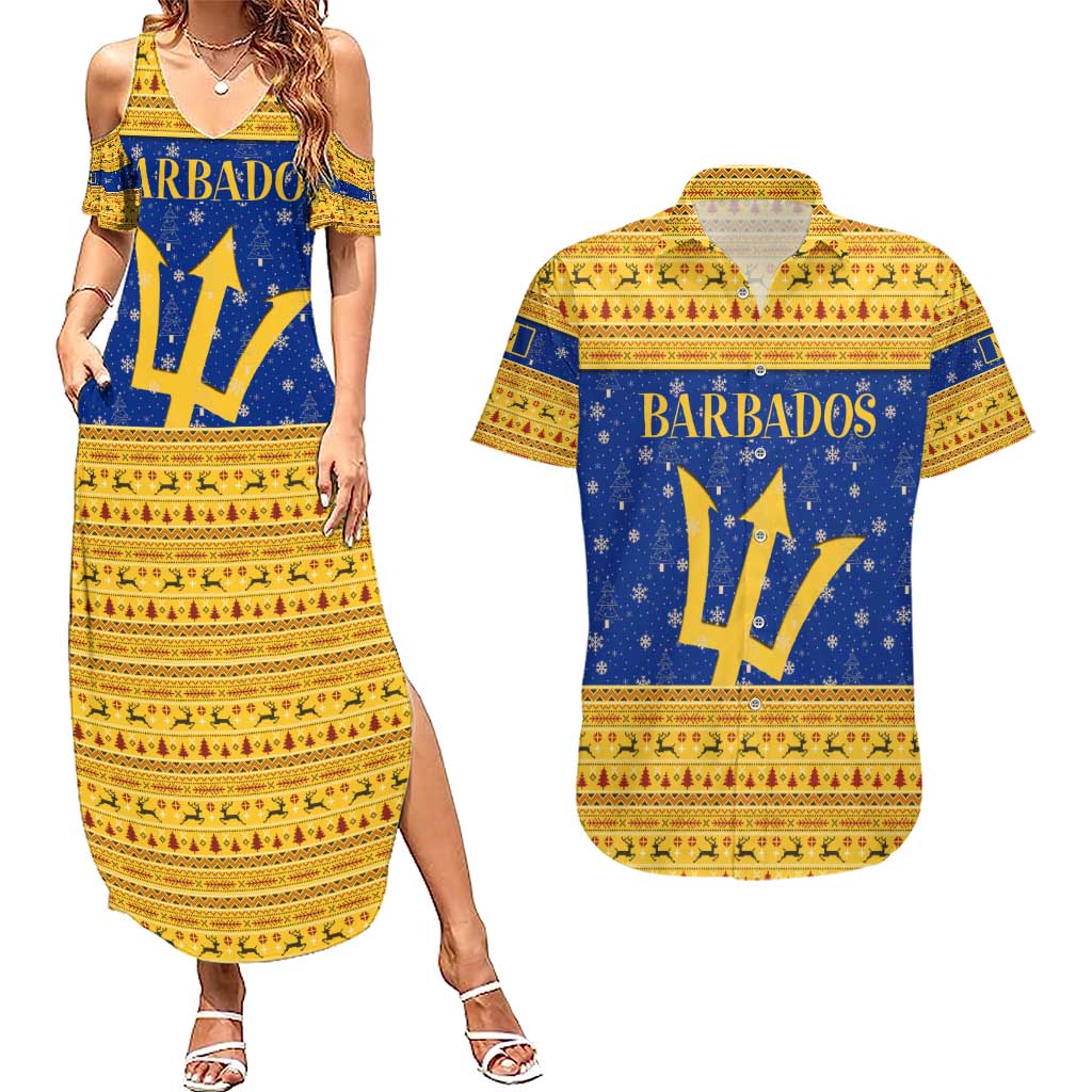 Barbados Christmas Couples Matching Summer Maxi Dress and Hawaiian Shirt with Blue Yellow Xmas Trident Santa and Reindeer - Wonder Print Shop