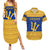 Barbados Christmas Couples Matching Summer Maxi Dress and Hawaiian Shirt with Blue Yellow Xmas Trident Santa and Reindeer - Wonder Print Shop
