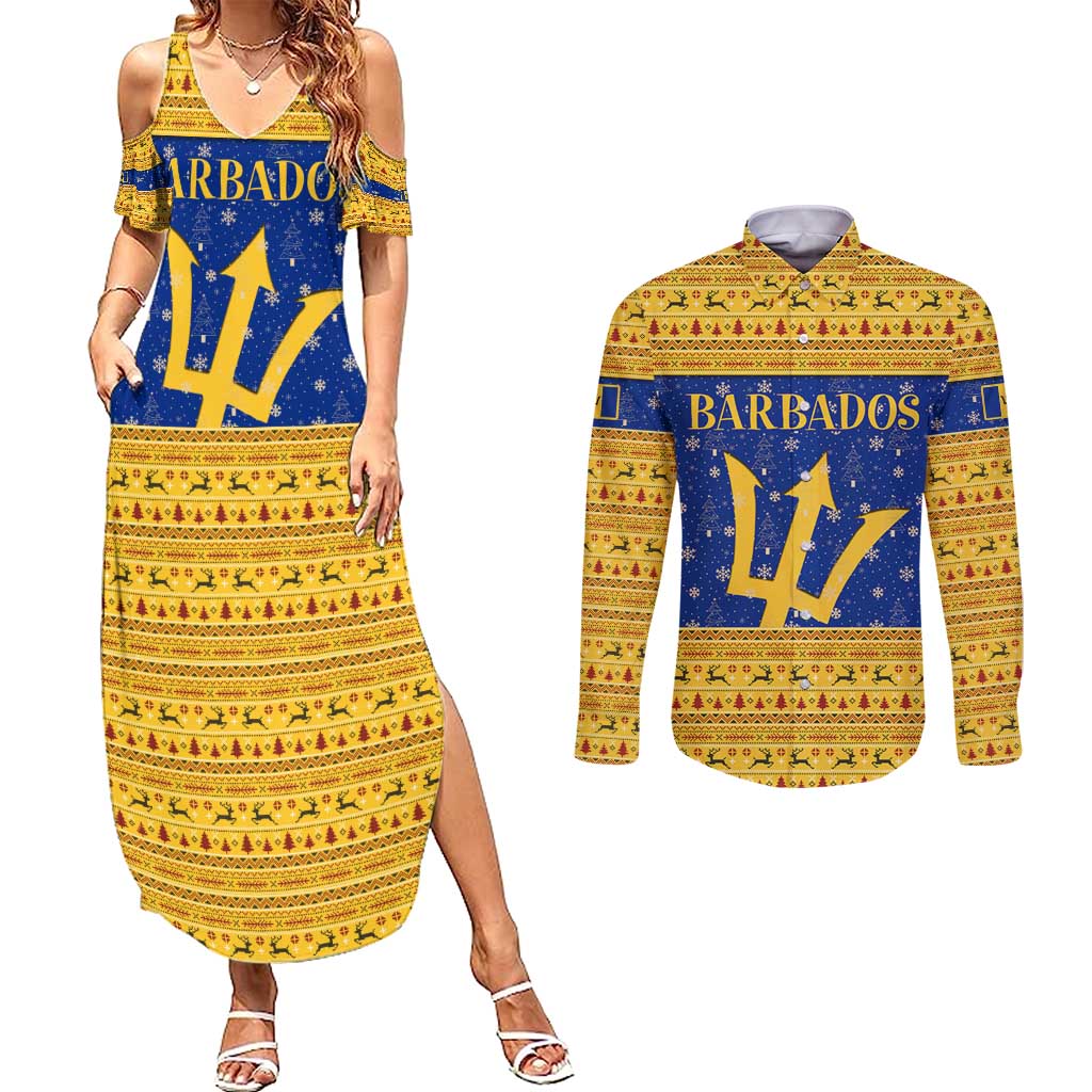 Barbados Christmas Couples Matching Summer Maxi Dress and Long Sleeve Button Shirt with Blue Yellow Xmas Trident Santa and Reindeer - Wonder Print Shop