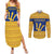Barbados Christmas Couples Matching Summer Maxi Dress and Long Sleeve Button Shirt with Blue Yellow Xmas Trident Santa and Reindeer - Wonder Print Shop