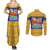 Barbados Christmas Couples Matching Summer Maxi Dress and Long Sleeve Button Shirt with Blue Yellow Xmas Trident Santa and Reindeer - Wonder Print Shop
