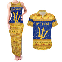 Barbados Christmas Couples Matching Tank Maxi Dress and Hawaiian Shirt with Blue Yellow Xmas Trident Santa and Reindeer - Wonder Print Shop