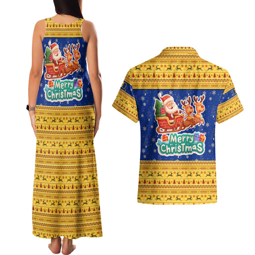 Barbados Christmas Couples Matching Tank Maxi Dress and Hawaiian Shirt with Blue Yellow Xmas Trident Santa and Reindeer - Wonder Print Shop