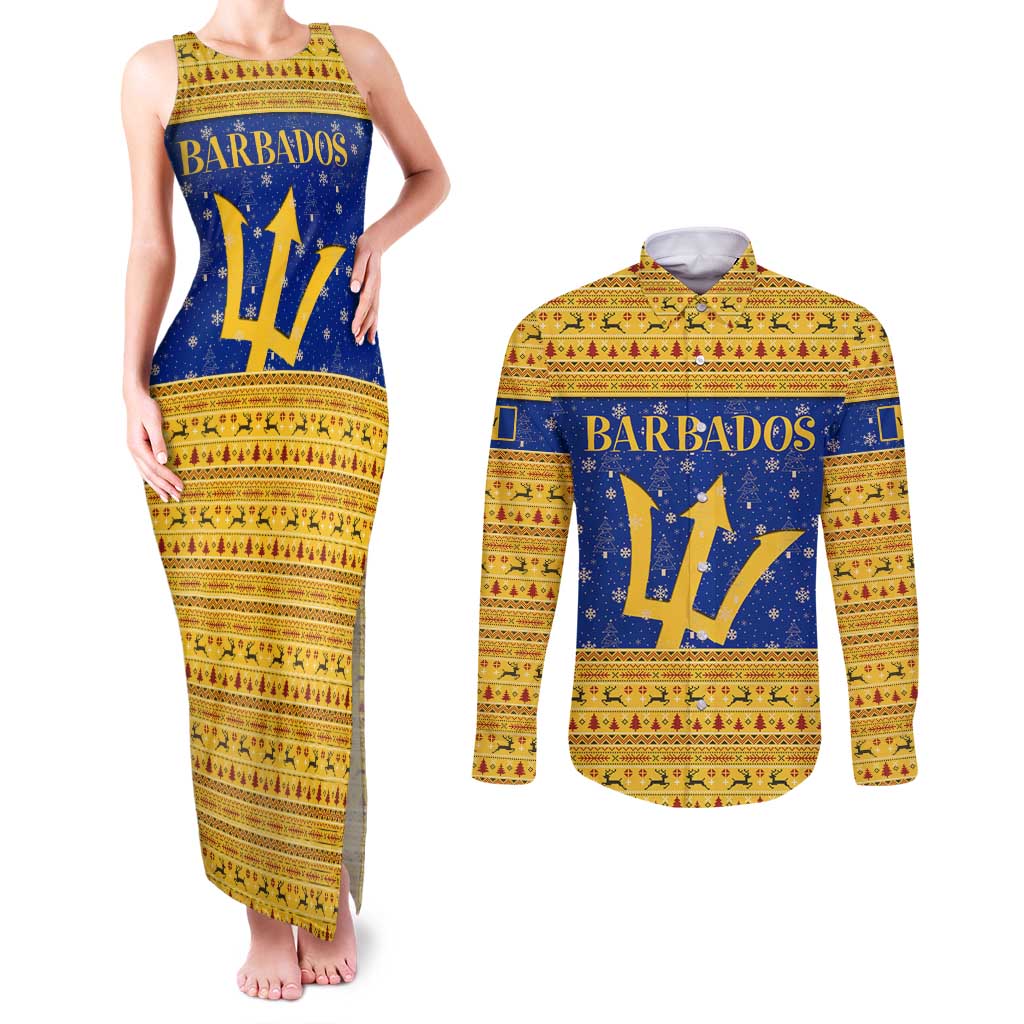 Barbados Christmas Couples Matching Tank Maxi Dress and Long Sleeve Button Shirt with Blue Yellow Xmas Trident Santa and Reindeer - Wonder Print Shop