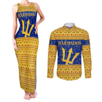 Barbados Christmas Couples Matching Tank Maxi Dress and Long Sleeve Button Shirt with Blue Yellow Xmas Trident Santa and Reindeer - Wonder Print Shop