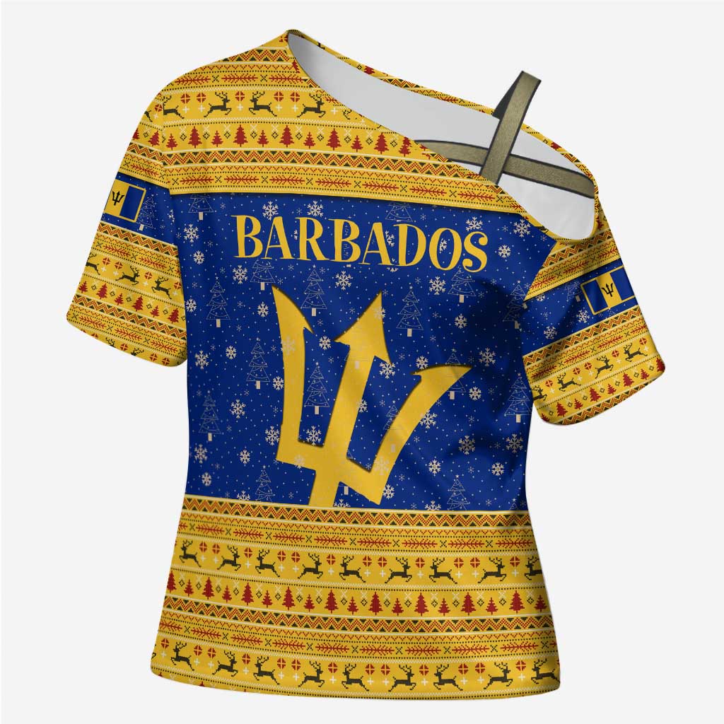 Barbados Christmas Cross Shoulder Shirt with Blue Yellow Xmas Trident Santa and Reindeer - Wonder Print Shop