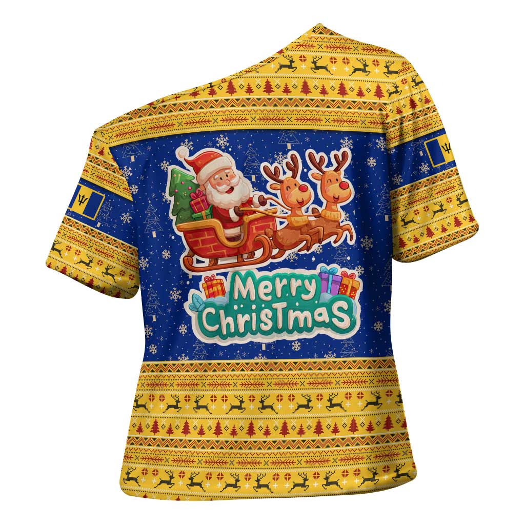 Barbados Christmas Cross Shoulder Shirt with Blue Yellow Xmas Trident Santa and Reindeer - Wonder Print Shop
