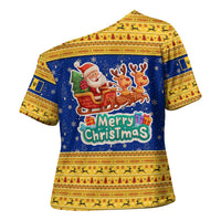 Barbados Christmas Cross Shoulder Shirt with Blue Yellow Xmas Trident Santa and Reindeer - Wonder Print Shop