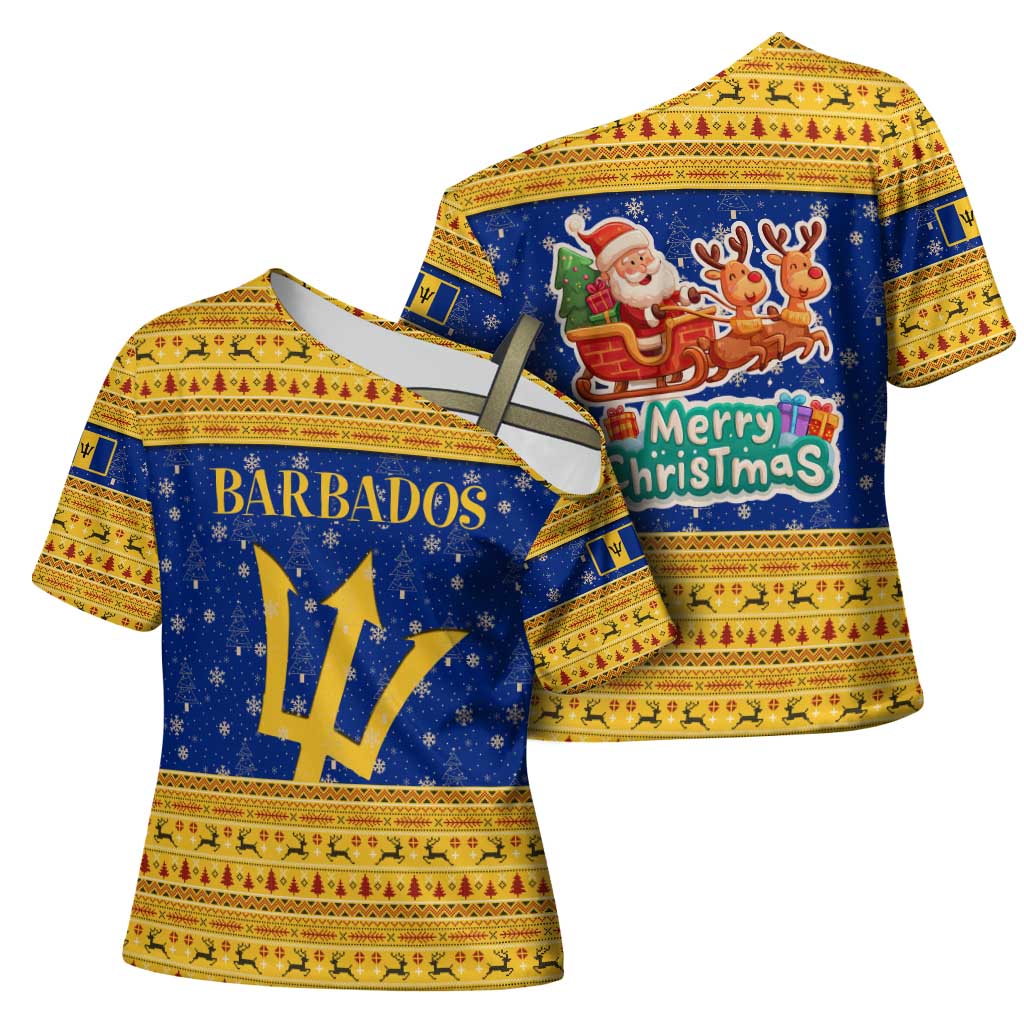 Barbados Christmas Cross Shoulder Shirt with Blue Yellow Xmas Trident Santa and Reindeer - Wonder Print Shop