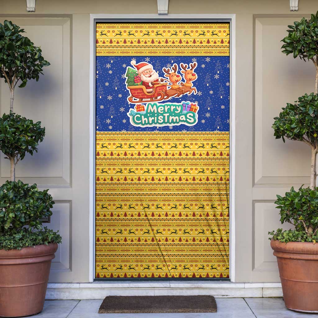 Barbados Christmas Door Cover with Blue Yellow Xmas Trident Santa and Reindeer - Wonder Print Shop