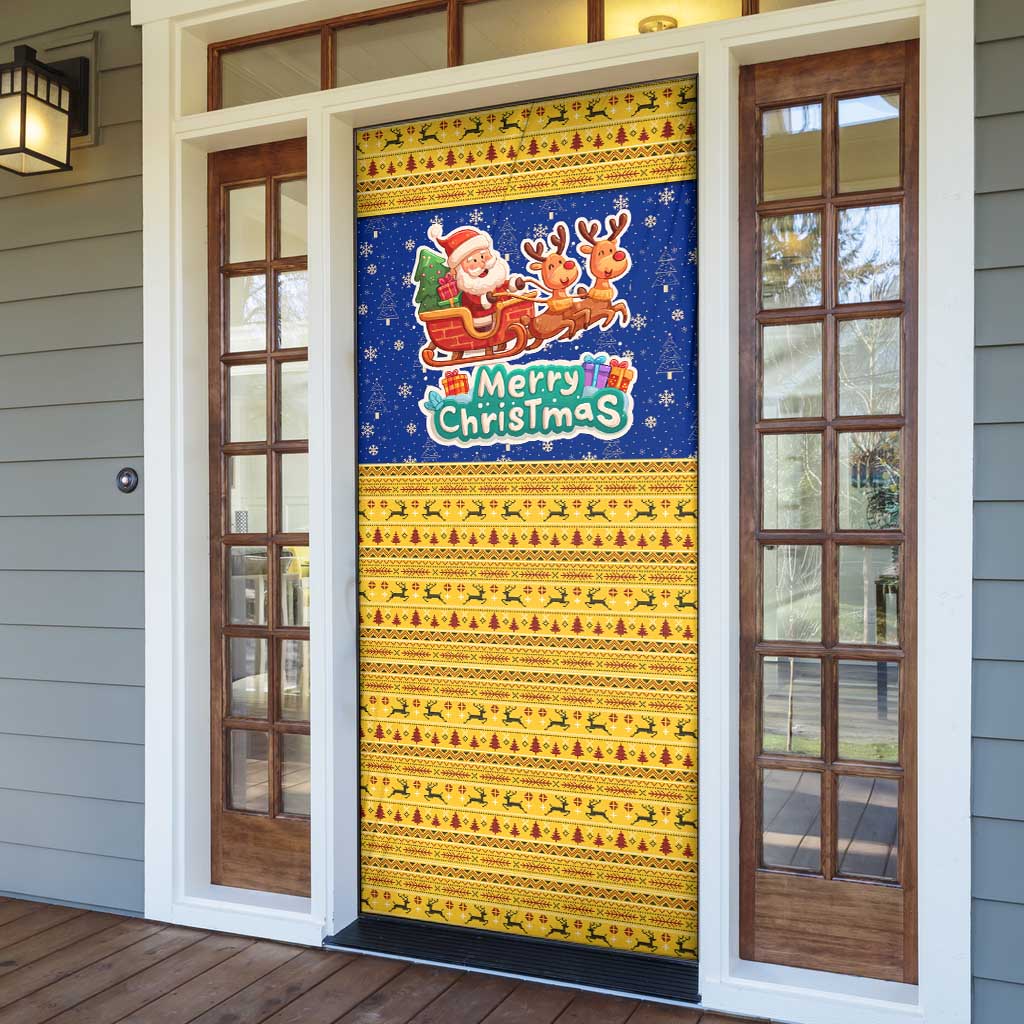 Barbados Christmas Door Cover with Blue Yellow Xmas Trident Santa and Reindeer - Wonder Print Shop