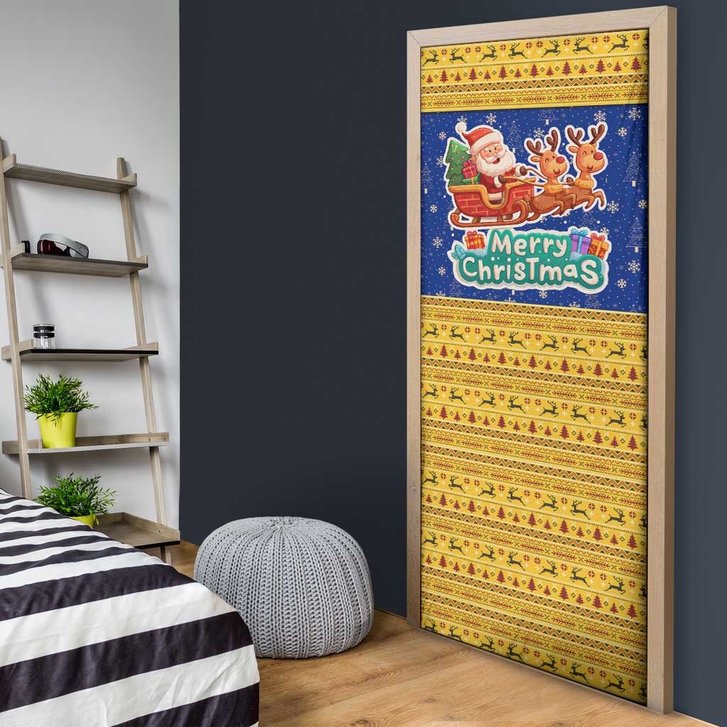 Barbados Christmas Door Cover with Blue Yellow Xmas Trident Santa and Reindeer - Wonder Print Shop