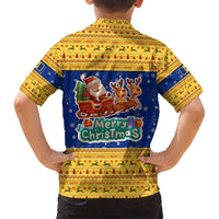 Barbados Christmas Family Matching Long Sleeve Bodycon Dress and Hawaiian Shirt with Blue Yellow Xmas Trident Santa and Reindeer - Wonder Print Shop