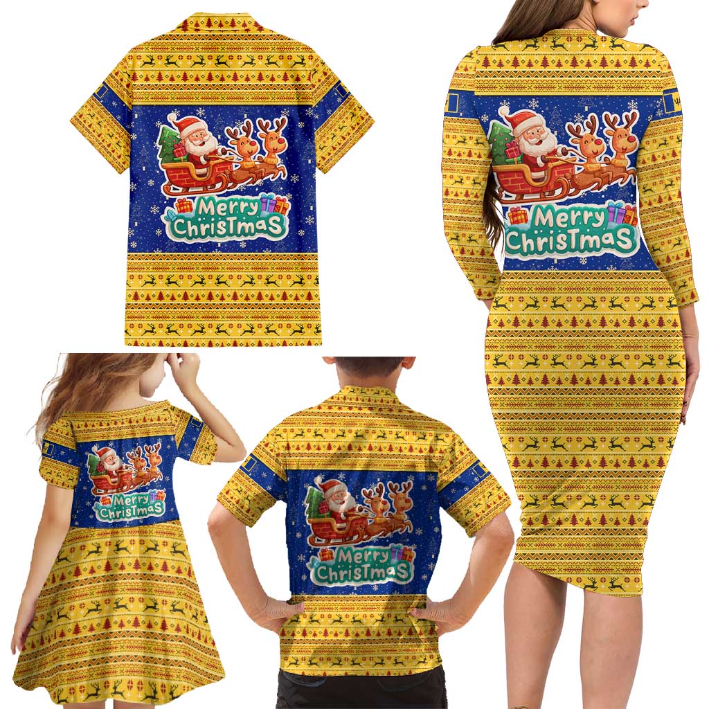 Barbados Christmas Family Matching Long Sleeve Bodycon Dress and Hawaiian Shirt with Blue Yellow Xmas Trident Santa and Reindeer - Wonder Print Shop