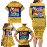 Barbados Christmas Family Matching Long Sleeve Bodycon Dress and Hawaiian Shirt with Blue Yellow Xmas Trident Santa and Reindeer - Wonder Print Shop