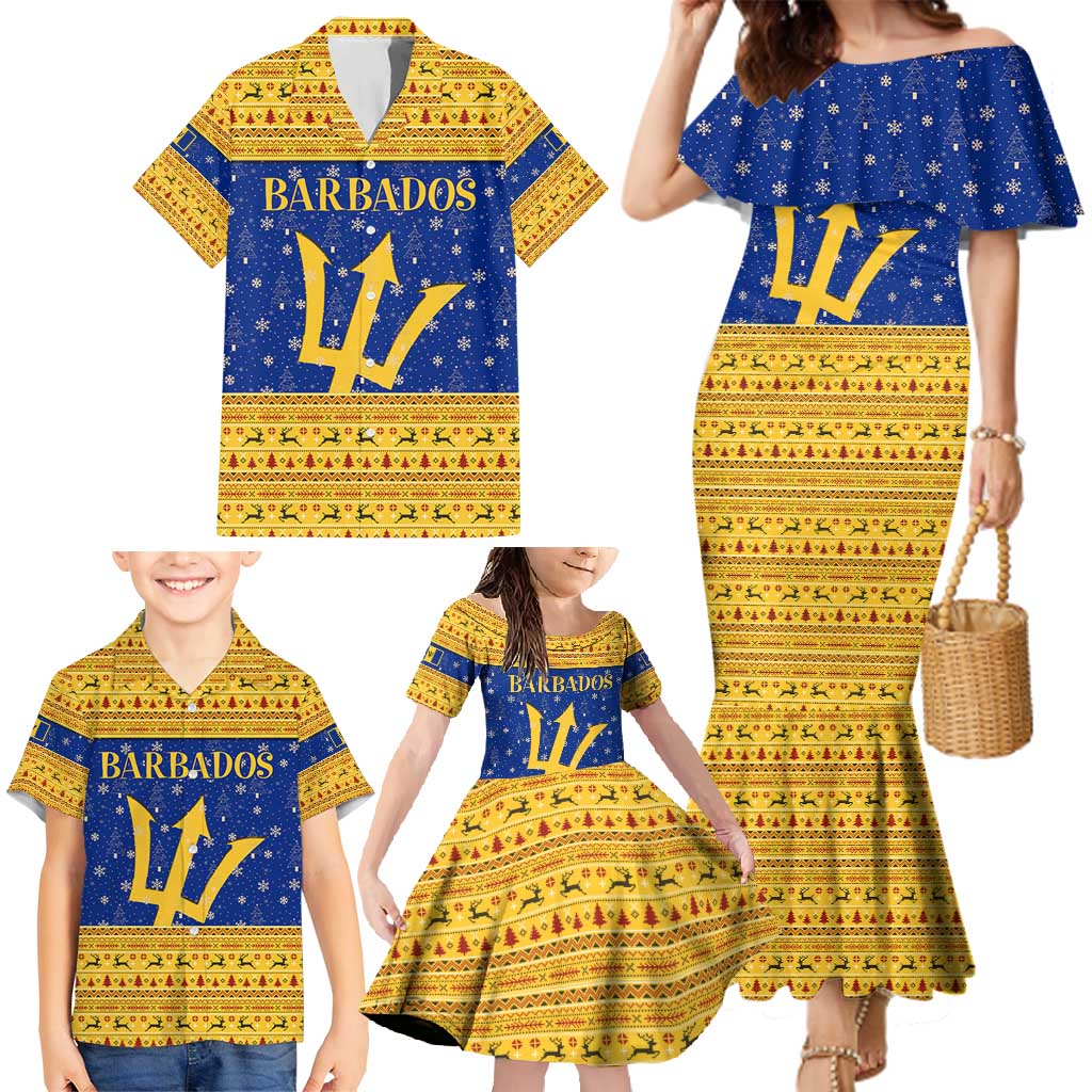 Barbados Christmas Family Matching Mermaid Dress and Hawaiian Shirt with Blue Yellow Xmas Trident Santa and Reindeer - Wonder Print Shop