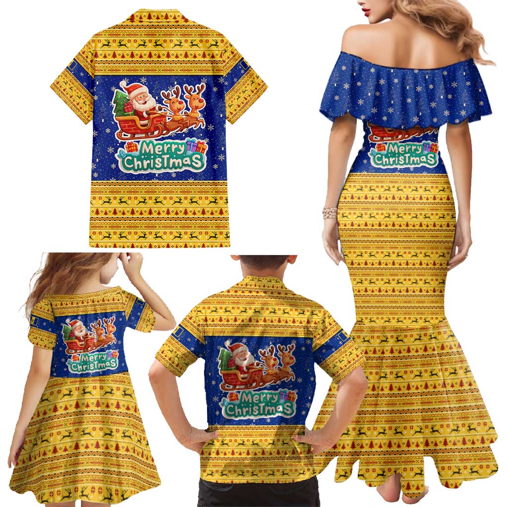 Barbados Christmas Family Matching Mermaid Dress and Hawaiian Shirt with Blue Yellow Xmas Trident Santa and Reindeer - Wonder Print Shop