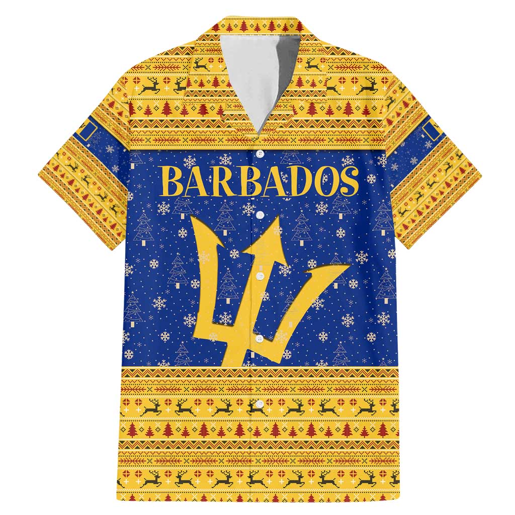 Barbados Christmas Family Matching Mermaid Dress and Hawaiian Shirt with Blue Yellow Xmas Trident Santa and Reindeer - Wonder Print Shop