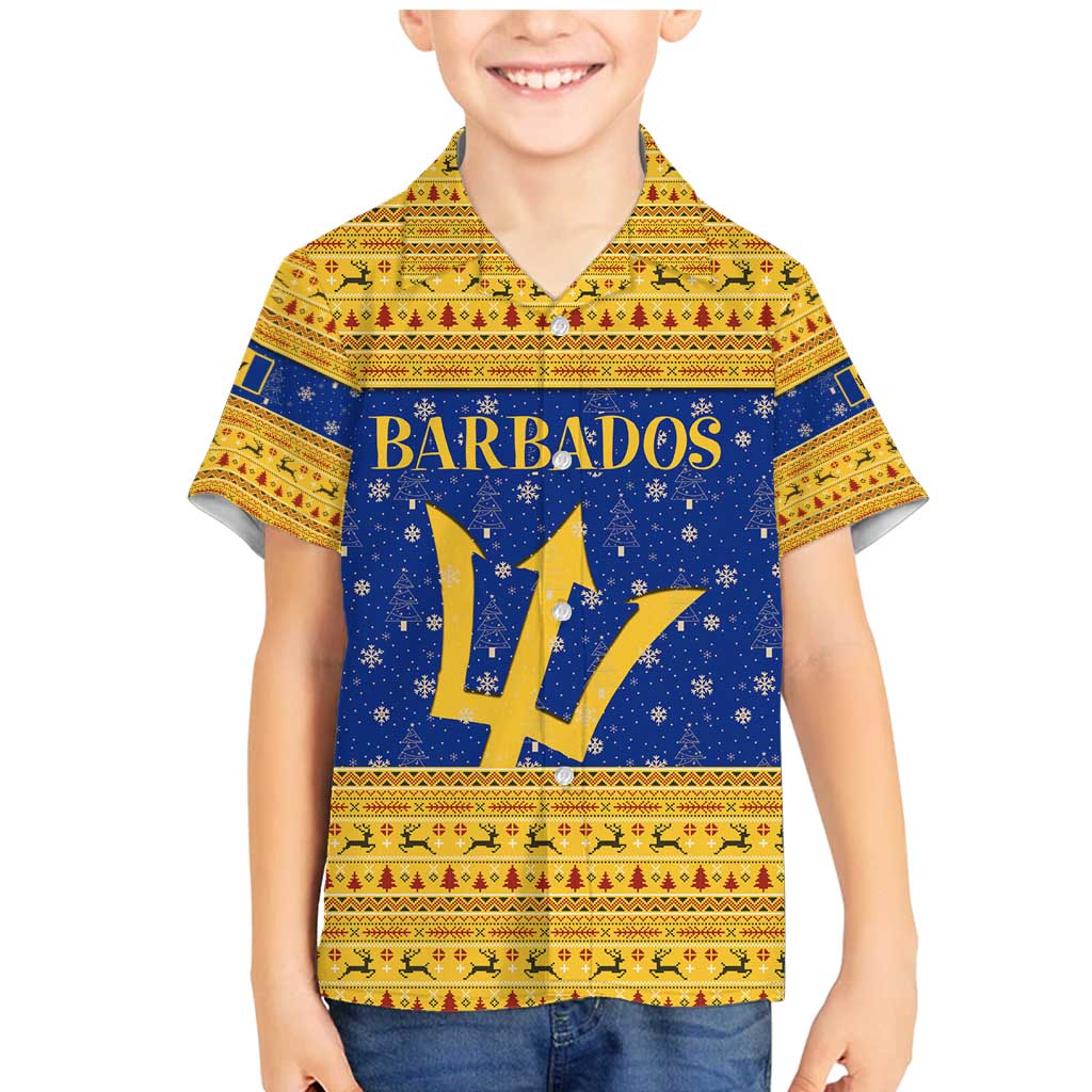 Barbados Christmas Family Matching Mermaid Dress and Hawaiian Shirt with Blue Yellow Xmas Trident Santa and Reindeer - Wonder Print Shop