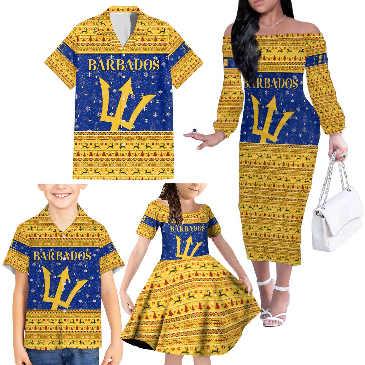 Barbados Christmas Family Matching Off The Shoulder Long Sleeve Dress and Hawaiian Shirt with Blue Yellow Xmas Trident Santa and Reindeer - Wonder Print Shop