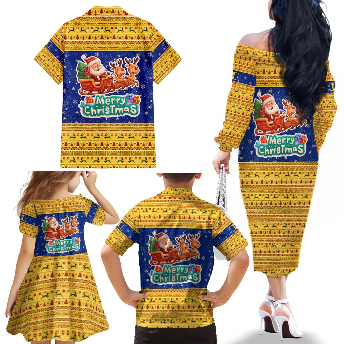 Barbados Christmas Family Matching Off The Shoulder Long Sleeve Dress and Hawaiian Shirt with Blue Yellow Xmas Trident Santa and Reindeer - Wonder Print Shop