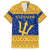 Barbados Christmas Family Matching Off The Shoulder Long Sleeve Dress and Hawaiian Shirt with Blue Yellow Xmas Trident Santa and Reindeer - Wonder Print Shop