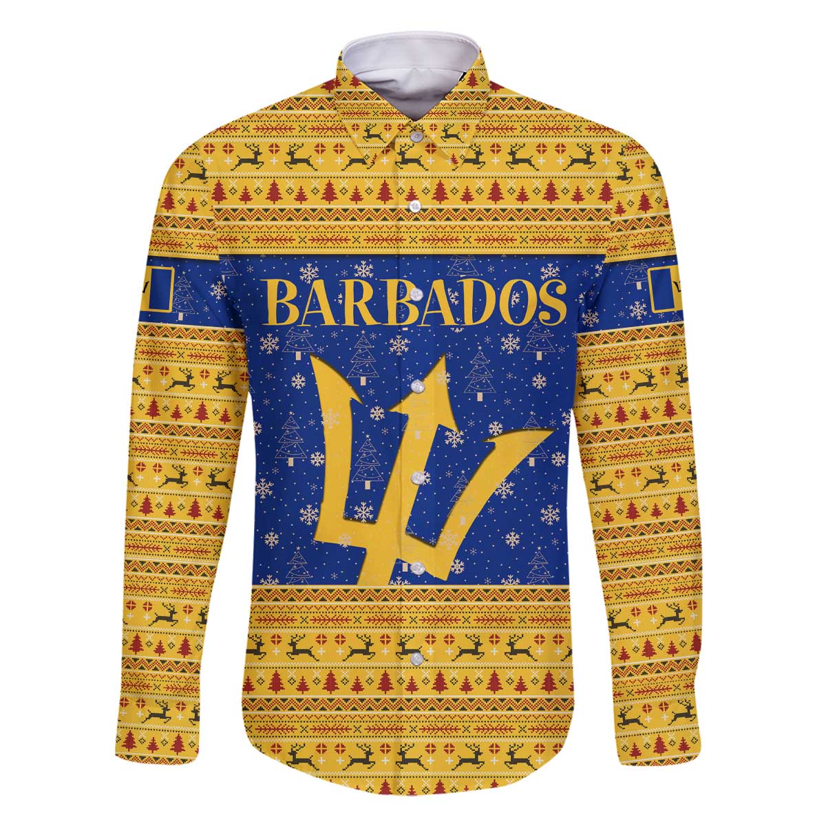 Barbados Christmas Family Matching Off The Shoulder Long Sleeve Dress and Hawaiian Shirt with Blue Yellow Xmas Trident Santa and Reindeer - Wonder Print Shop