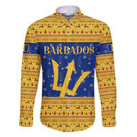 Barbados Christmas Family Matching Off The Shoulder Long Sleeve Dress and Hawaiian Shirt with Blue Yellow Xmas Trident Santa and Reindeer - Wonder Print Shop