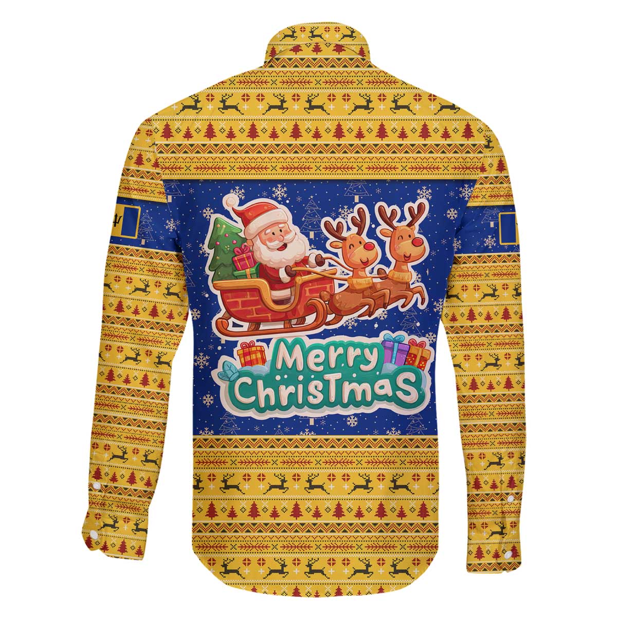 Barbados Christmas Family Matching Off The Shoulder Long Sleeve Dress and Hawaiian Shirt with Blue Yellow Xmas Trident Santa and Reindeer - Wonder Print Shop