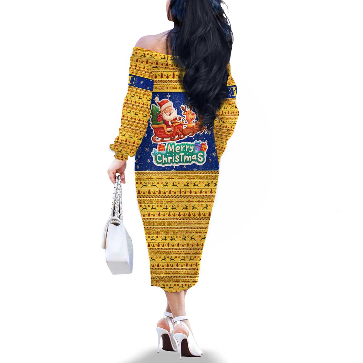 Barbados Christmas Family Matching Off The Shoulder Long Sleeve Dress and Hawaiian Shirt with Blue Yellow Xmas Trident Santa and Reindeer - Wonder Print Shop