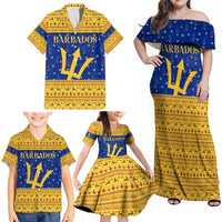 Barbados Christmas Family Matching Off Shoulder Maxi Dress and Hawaiian Shirt with Blue Yellow Xmas Trident Santa and Reindeer - Wonder Print Shop