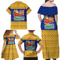 Barbados Christmas Family Matching Off Shoulder Maxi Dress and Hawaiian Shirt with Blue Yellow Xmas Trident Santa and Reindeer - Wonder Print Shop