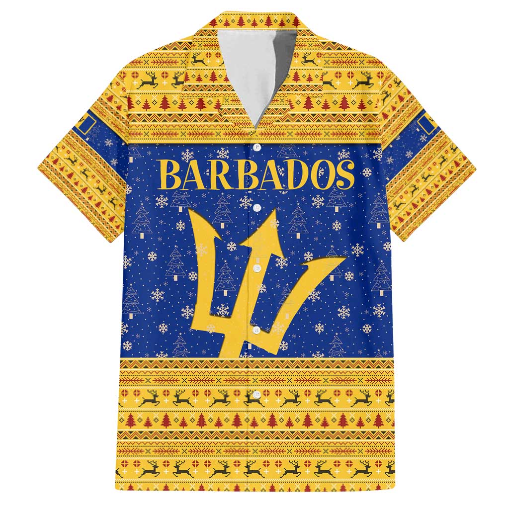 Barbados Christmas Family Matching Off Shoulder Maxi Dress and Hawaiian Shirt with Blue Yellow Xmas Trident Santa and Reindeer - Wonder Print Shop