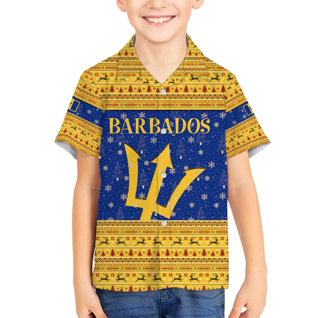 Barbados Christmas Family Matching Off Shoulder Maxi Dress and Hawaiian Shirt with Blue Yellow Xmas Trident Santa and Reindeer - Wonder Print Shop