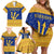 Barbados Christmas Family Matching Off Shoulder Short Dress and Hawaiian Shirt with Blue Yellow Xmas Trident Santa and Reindeer - Wonder Print Shop