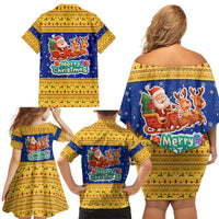 Barbados Christmas Family Matching Off Shoulder Short Dress and Hawaiian Shirt with Blue Yellow Xmas Trident Santa and Reindeer - Wonder Print Shop