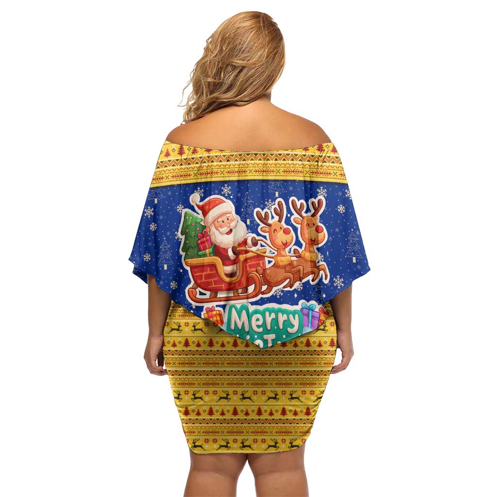 Barbados Christmas Family Matching Off Shoulder Short Dress and Hawaiian Shirt with Blue Yellow Xmas Trident Santa and Reindeer - Wonder Print Shop