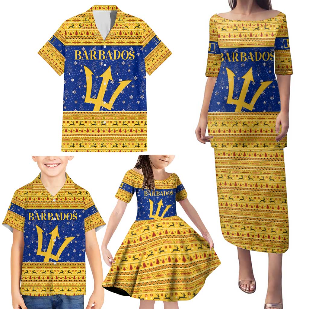 Barbados Christmas Family Matching Puletasi and Hawaiian Shirt with Blue Yellow Xmas Trident Santa and Reindeer - Wonder Print Shop