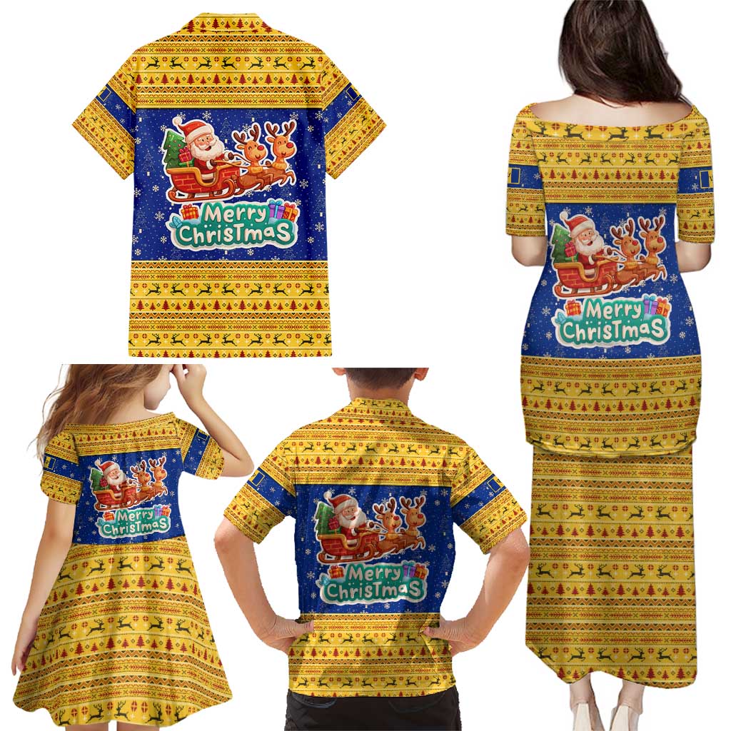 Barbados Christmas Family Matching Puletasi and Hawaiian Shirt with Blue Yellow Xmas Trident Santa and Reindeer - Wonder Print Shop