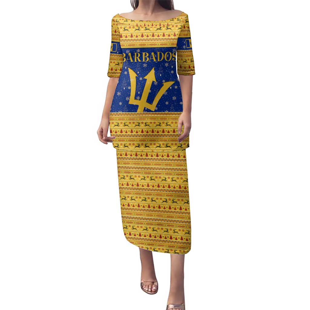 Barbados Christmas Family Matching Puletasi and Hawaiian Shirt with Blue Yellow Xmas Trident Santa and Reindeer - Wonder Print Shop