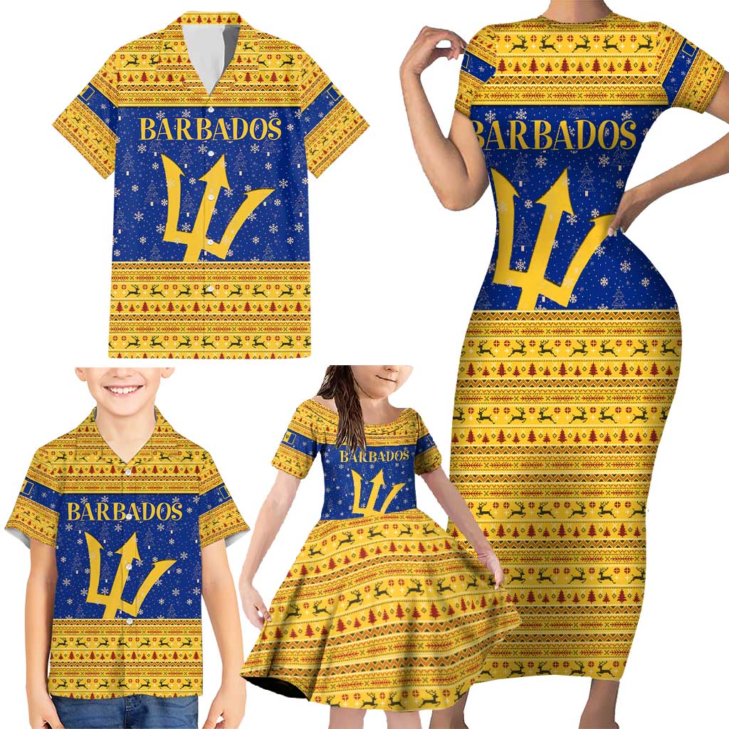 Barbados Christmas Family Matching Short Sleeve Bodycon Dress and Hawaiian Shirt with Blue Yellow Xmas Trident Santa and Reindeer - Wonder Print Shop