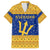Barbados Christmas Family Matching Short Sleeve Bodycon Dress and Hawaiian Shirt with Blue Yellow Xmas Trident Santa and Reindeer - Wonder Print Shop