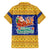 Barbados Christmas Family Matching Short Sleeve Bodycon Dress and Hawaiian Shirt with Blue Yellow Xmas Trident Santa and Reindeer - Wonder Print Shop