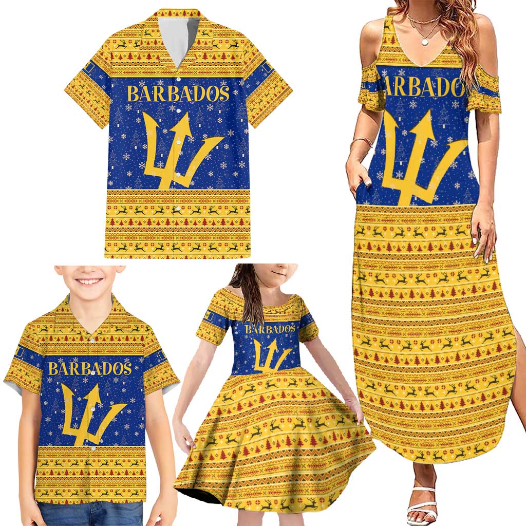 Barbados Christmas Family Matching Summer Maxi Dress and Hawaiian Shirt with Blue Yellow Xmas Trident Santa and Reindeer - Wonder Print Shop