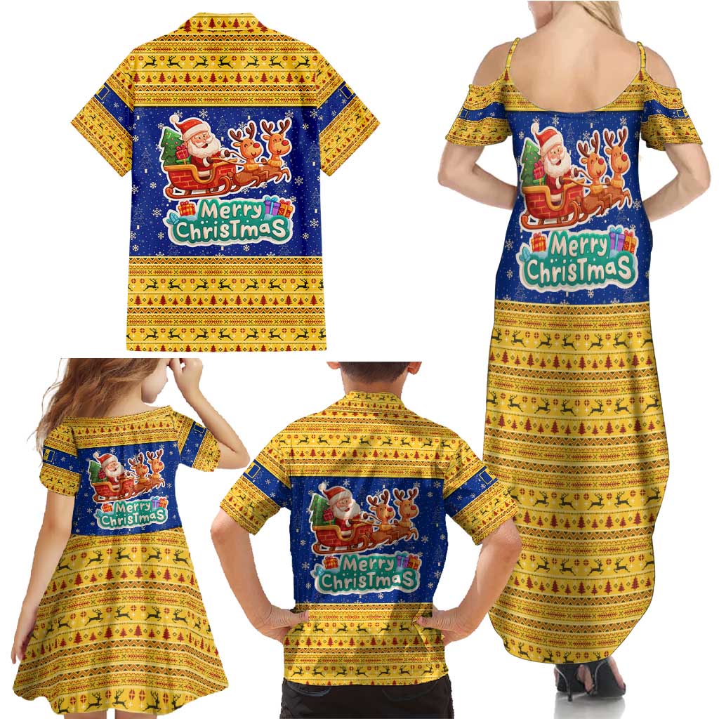 Barbados Christmas Family Matching Summer Maxi Dress and Hawaiian Shirt with Blue Yellow Xmas Trident Santa and Reindeer - Wonder Print Shop