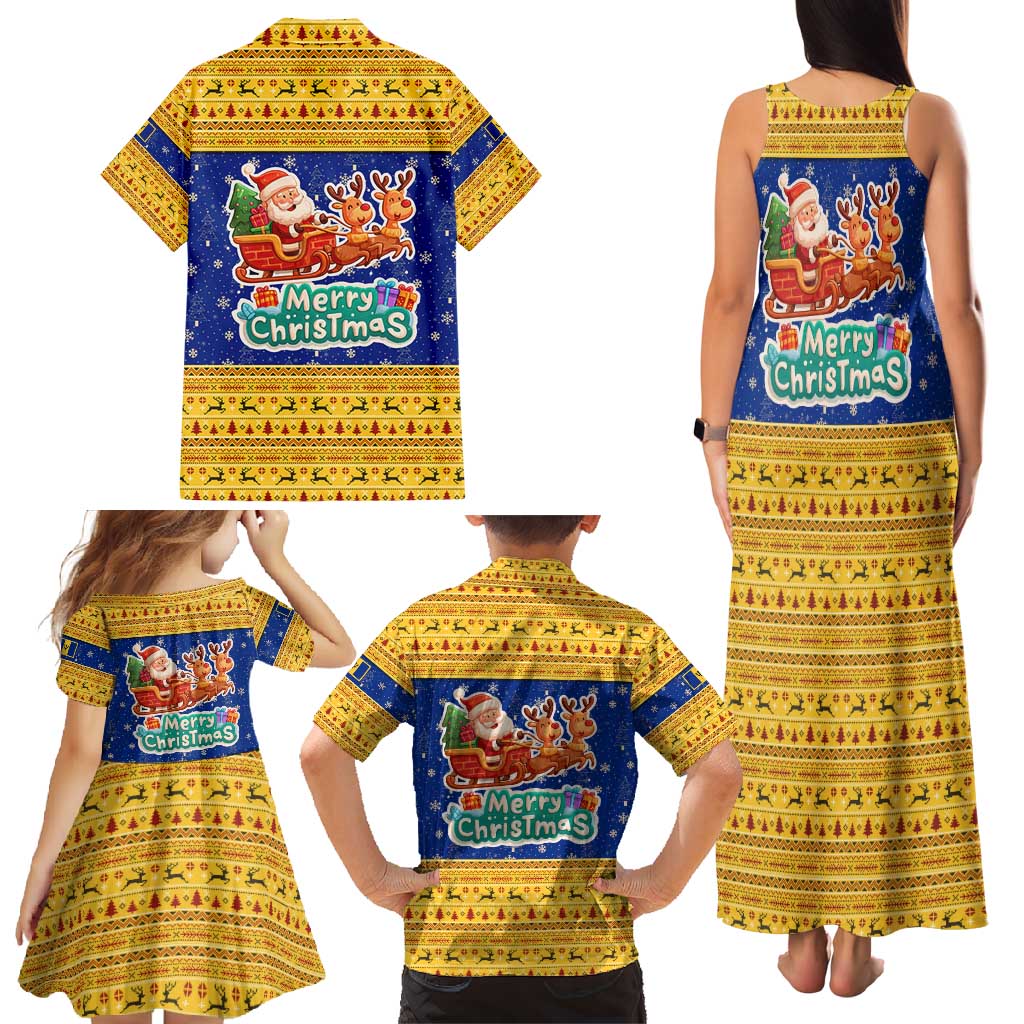 Barbados Christmas Family Matching Tank Maxi Dress and Hawaiian Shirt with Blue Yellow Xmas Trident Santa and Reindeer - Wonder Print Shop