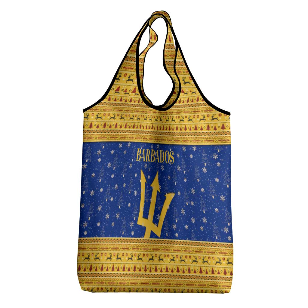 Barbados Christmas Grocery Bag with Blue Yellow Xmas Trident Santa and Reindeer - Wonder Print Shop