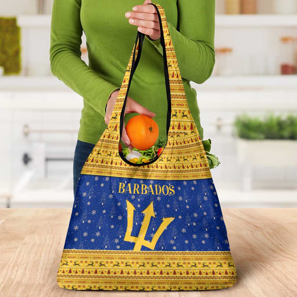 Barbados Christmas Grocery Bag with Blue Yellow Xmas Trident Santa and Reindeer - Wonder Print Shop