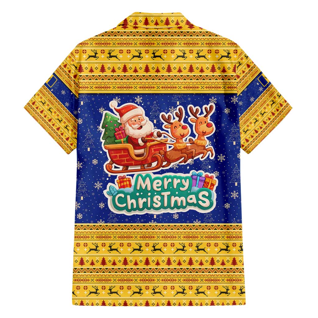 Barbados Christmas Hawaiian Shirt with Blue Yellow Xmas Trident Santa and Reindeer - Wonder Print Shop